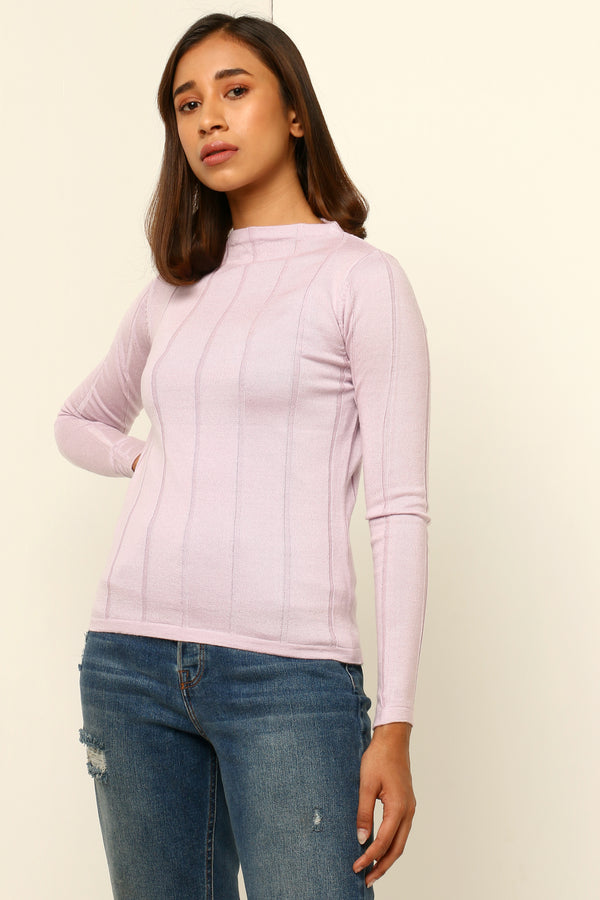 High neck top with long sleeves and minimalist stripe-detail