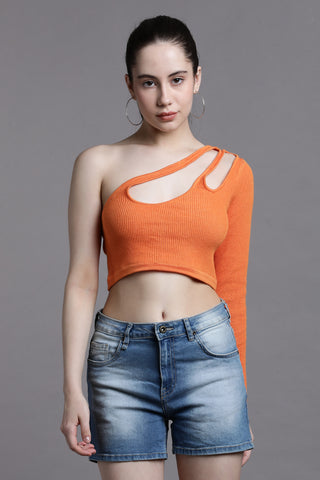 Asymmetric Cutout One-Shoulder Long Sleeve Crop Top – K&M