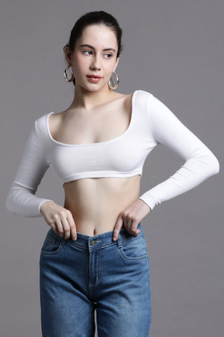 White cropped full sleeve crop top with back snap button opening