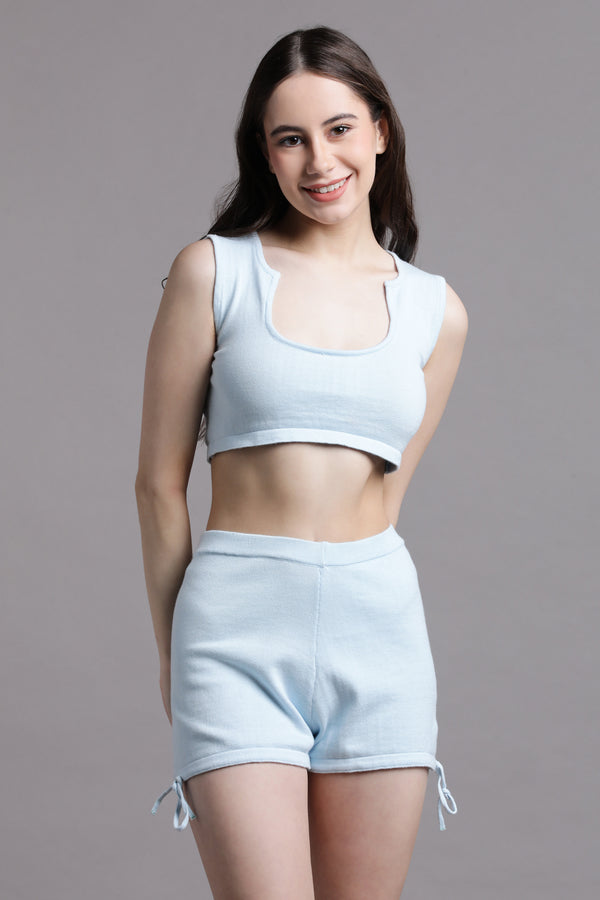 Blue crop top with shorts co-ord set