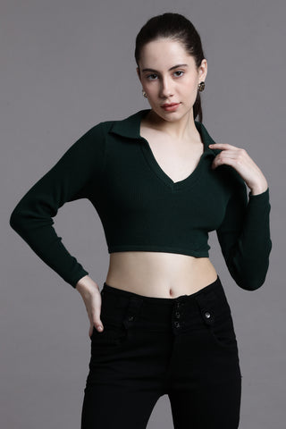 Emrald green full sleeved  collared crop top