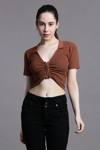 Ruched collared zip-up crop top