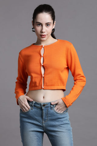 CUT-OUT BUTTON FRONT FULL SLEEVED CROPPED TOP