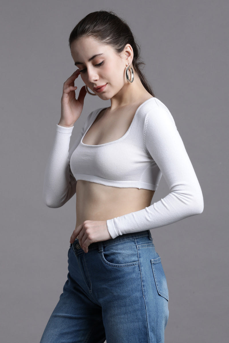 White cropped full sleeve crop top with back snap button opening