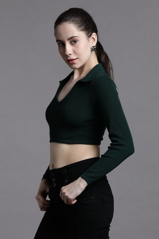 Emrald green full sleeved  collared crop top