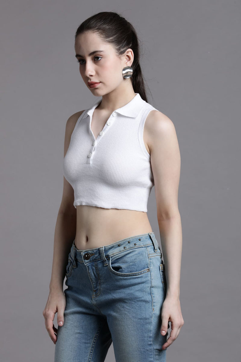 WHITE COLLARED SLEEVLESS CROP TOP