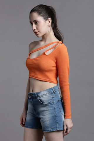 Asymmetric Cutout One-Shoulder Long Sleeve Crop Top