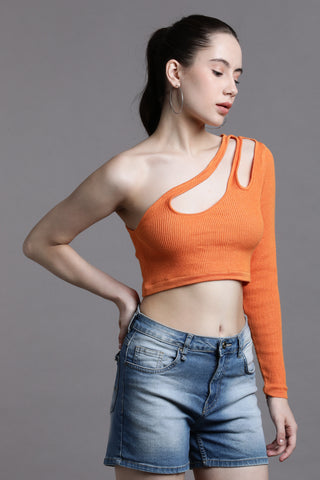 Asymmetric Cutout One-Shoulder Long Sleeve Crop Top