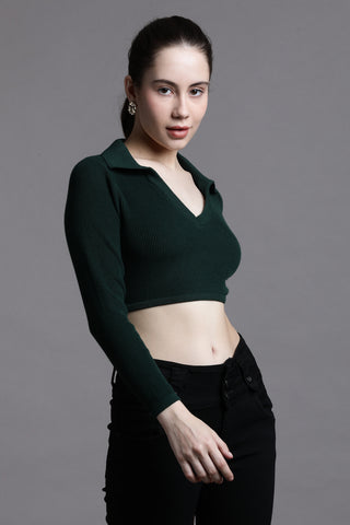 Emrald green full sleeved  collared crop top