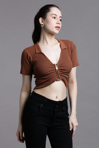 Ruched collared zip-up crop top