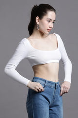 White cropped full sleeve crop top with back snap button opening