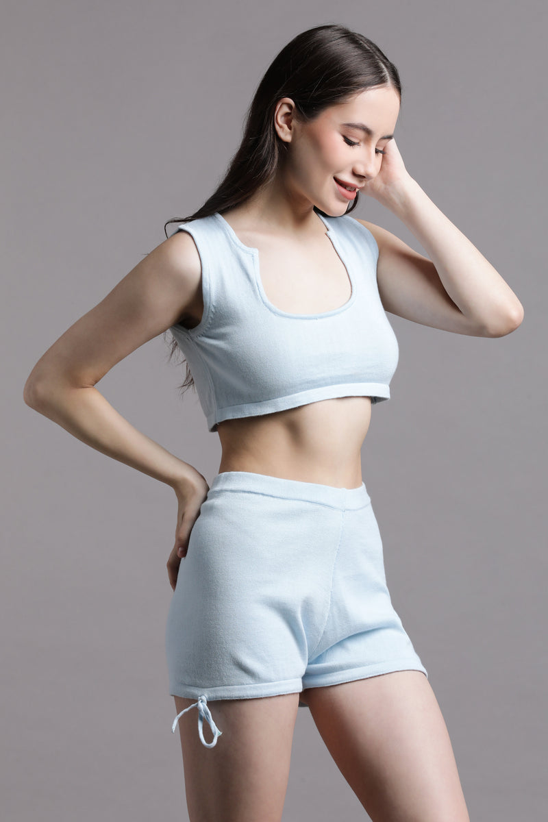 Blue crop top with shorts co-ord set