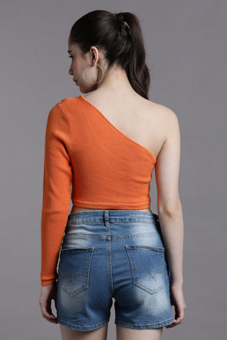 Asymmetric Cutout One-Shoulder Long Sleeve Crop Top