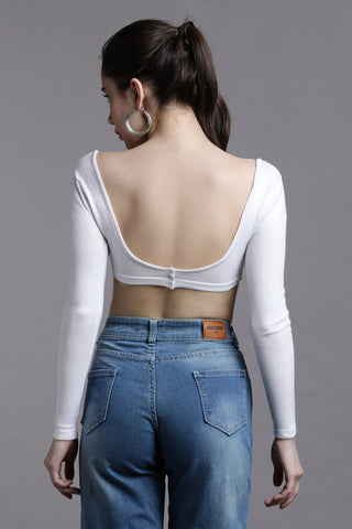 White cropped full sleeve crop top with back snap button opening