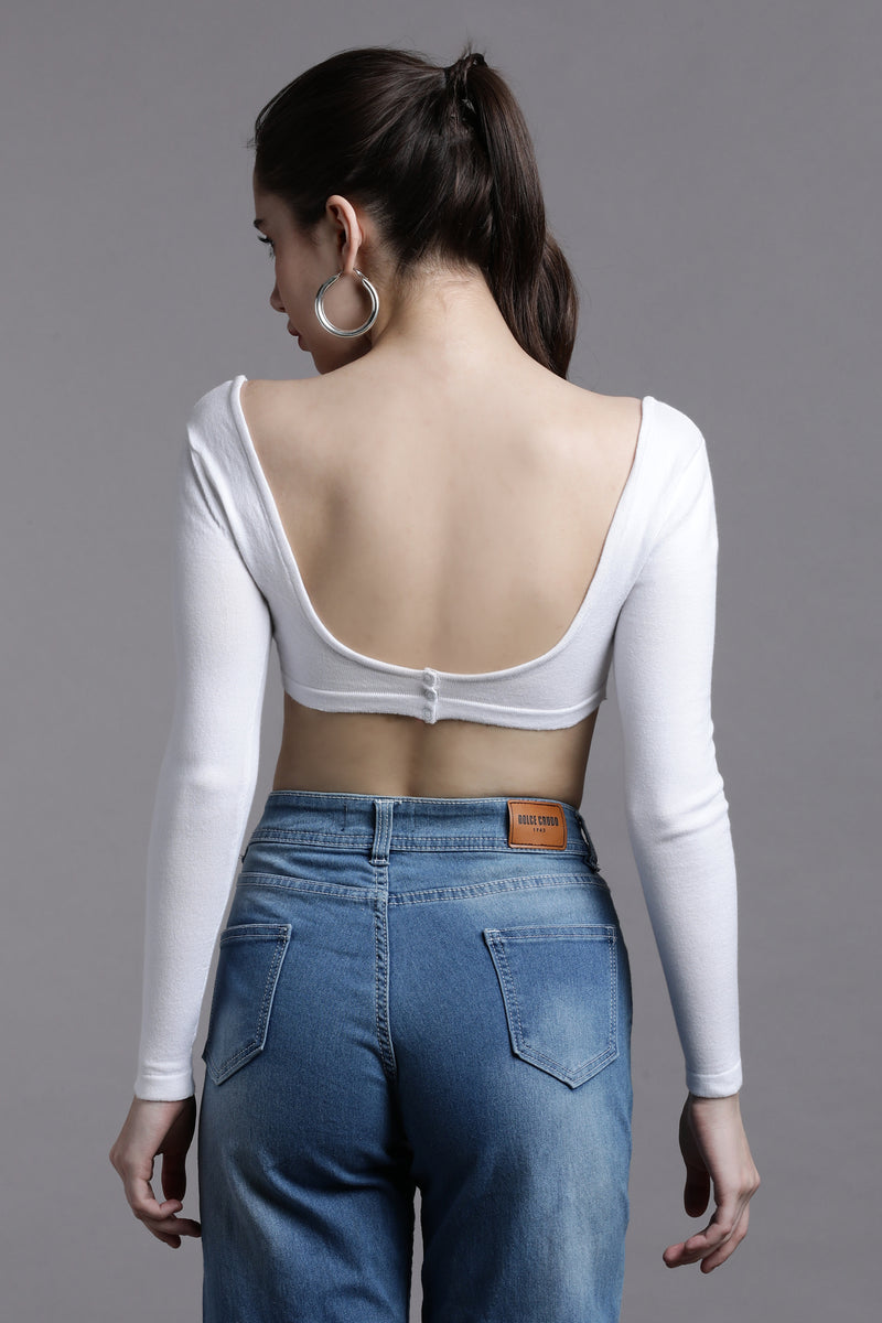 White cropped full sleeve crop top with back snap button opening – K&M