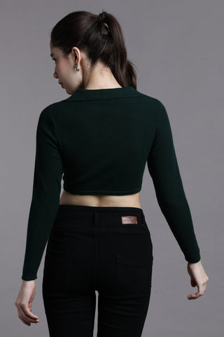 Emrald green full sleeved  collared crop top