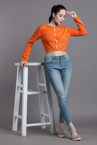 CUT-OUT BUTTON FRONT FULL SLEEVED CROPPED TOP