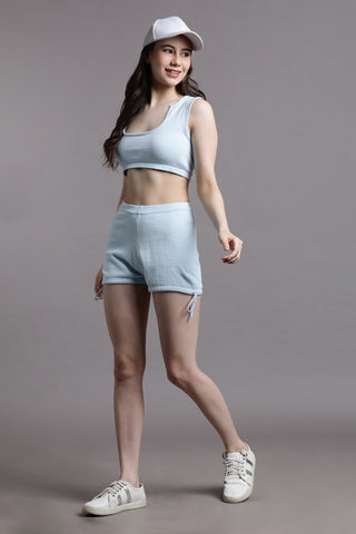 Blue crop top with shorts co-ord set