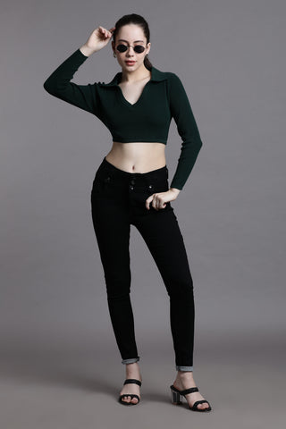 Emrald green full sleeved  collared crop top