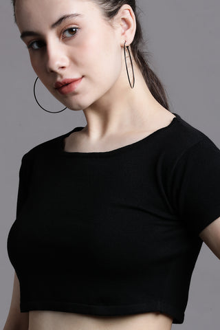 Black half sleeve round neck crop top