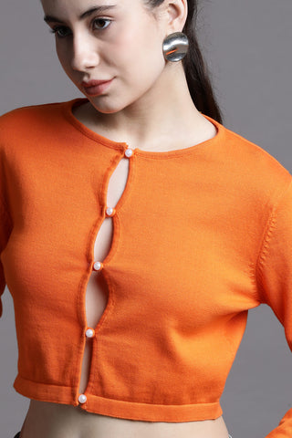 CUT-OUT BUTTON FRONT FULL SLEEVED CROPPED TOP