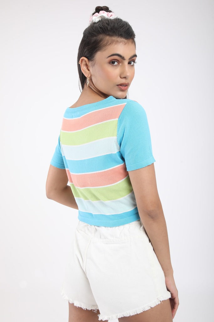 STRIPED CROP TOP WITH SHORT SLEEVES (BM248-B2)